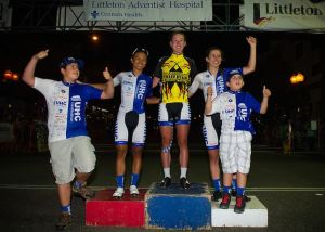 Tristan and Daniel Rodrigues celebrate the finale of the Littleton Twilight Criterium.